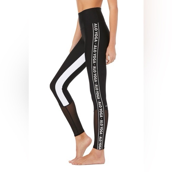 ALO Yoga Pants - Alo Yoga Mesh High Waist Trainer Black White Logo Stripe Leggings | XS